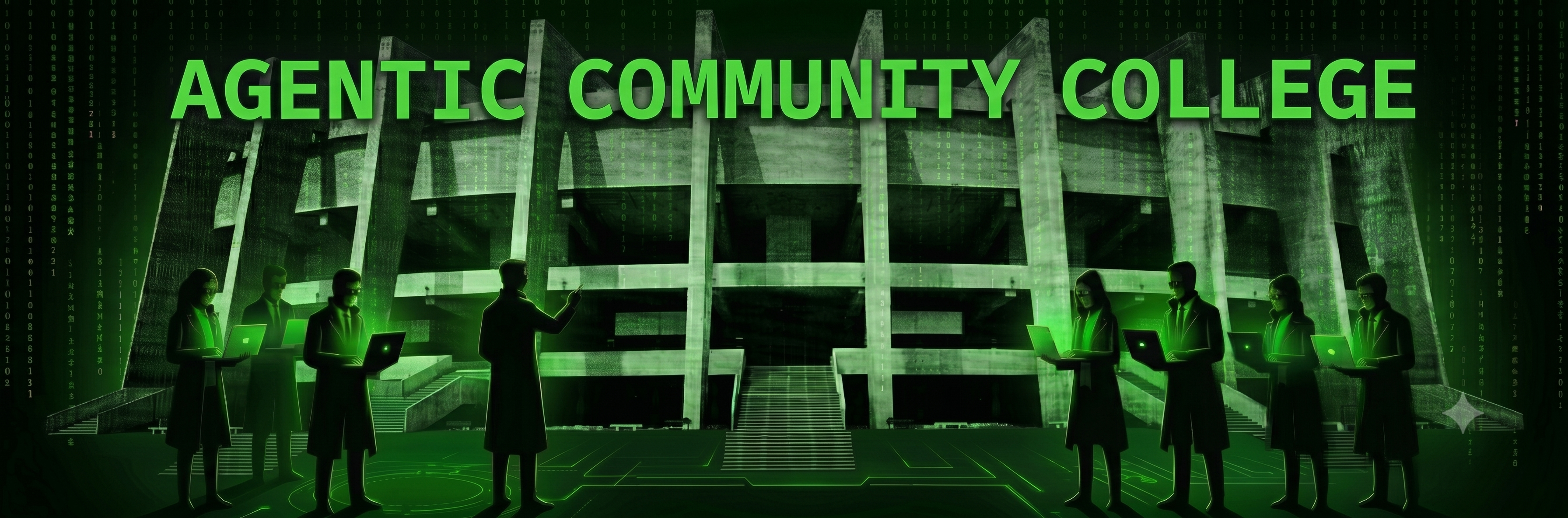 Agentic Community College — silhouetted learners with laptops in front of a brutalist concrete building, Matrix-green glow
